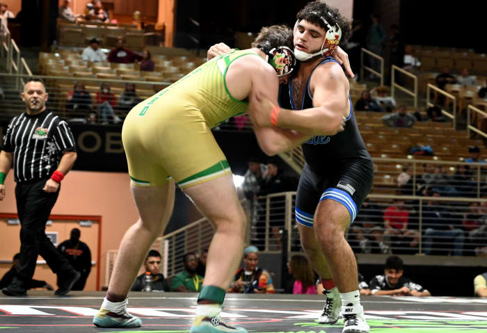 Sawyer Bartelt of South Dade wins the 215-pound championship, 8-1, against Aaron Riner of Buford on Saturday at the Knockout Christmas Classic at Silver Spurs Arena in Kissimmee.